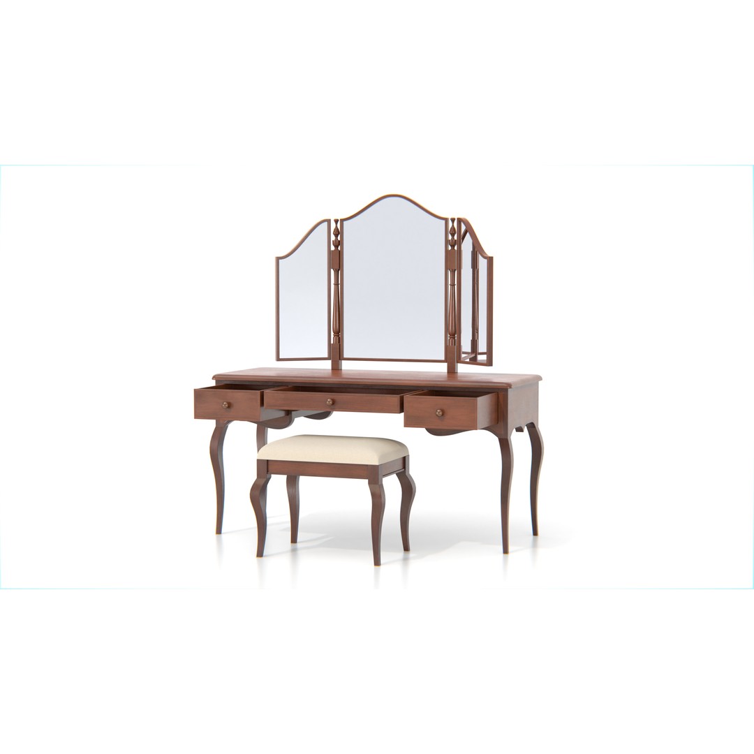 Antique Wooden Vanity Table 3D Model – Low Poly Furniture Set, FBX, PBR - View 3