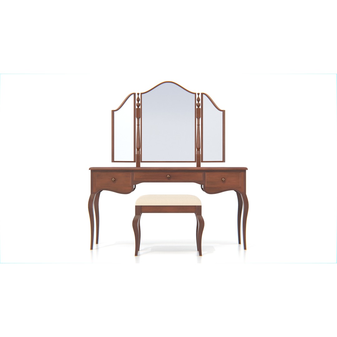Antique Wooden Vanity Table 3D Model – Low Poly Furniture Set, FBX, PBR - View 4