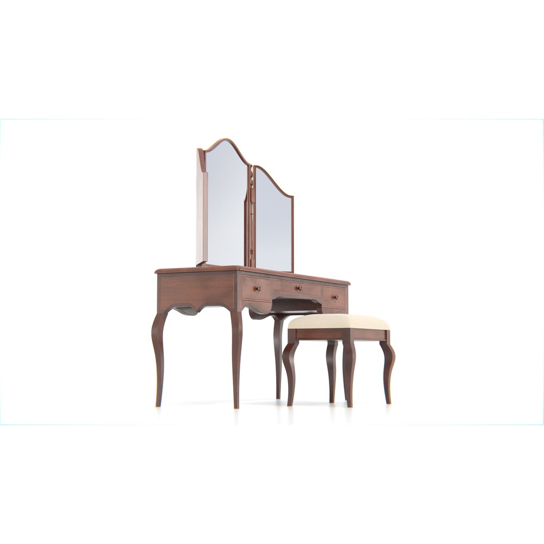 Antique Wooden Vanity Table 3D Model – Low Poly Furniture Set, FBX, PBR - View 5