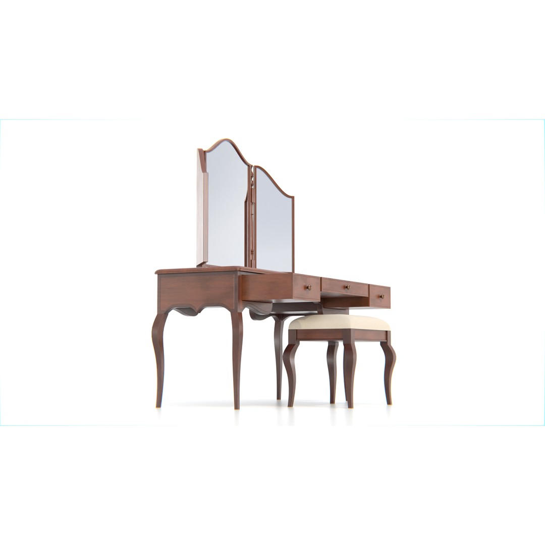 Antique Wooden Vanity Table 3D Model – Low Poly Furniture Set, FBX, PBR - View 6