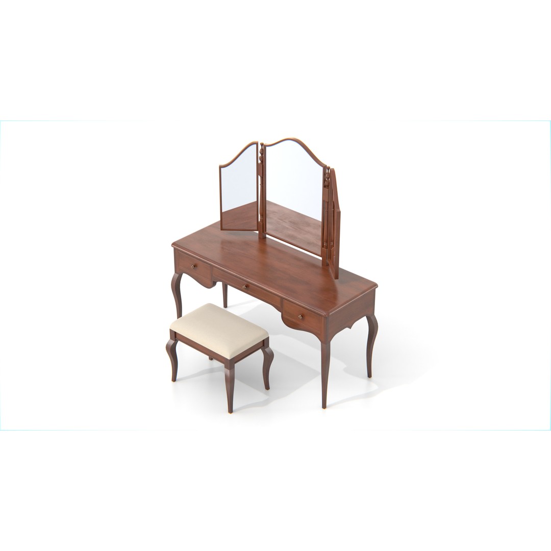 Antique Wooden Vanity Table 3D Model – Low Poly Furniture Set, FBX, PBR - View 7