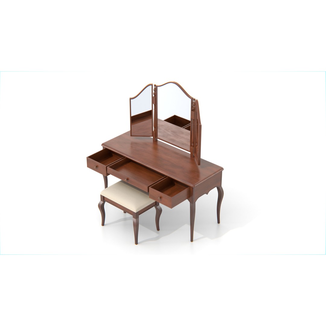 Antique Wooden Vanity Table 3D Model – Low Poly Furniture Set, FBX, PBR - View 8