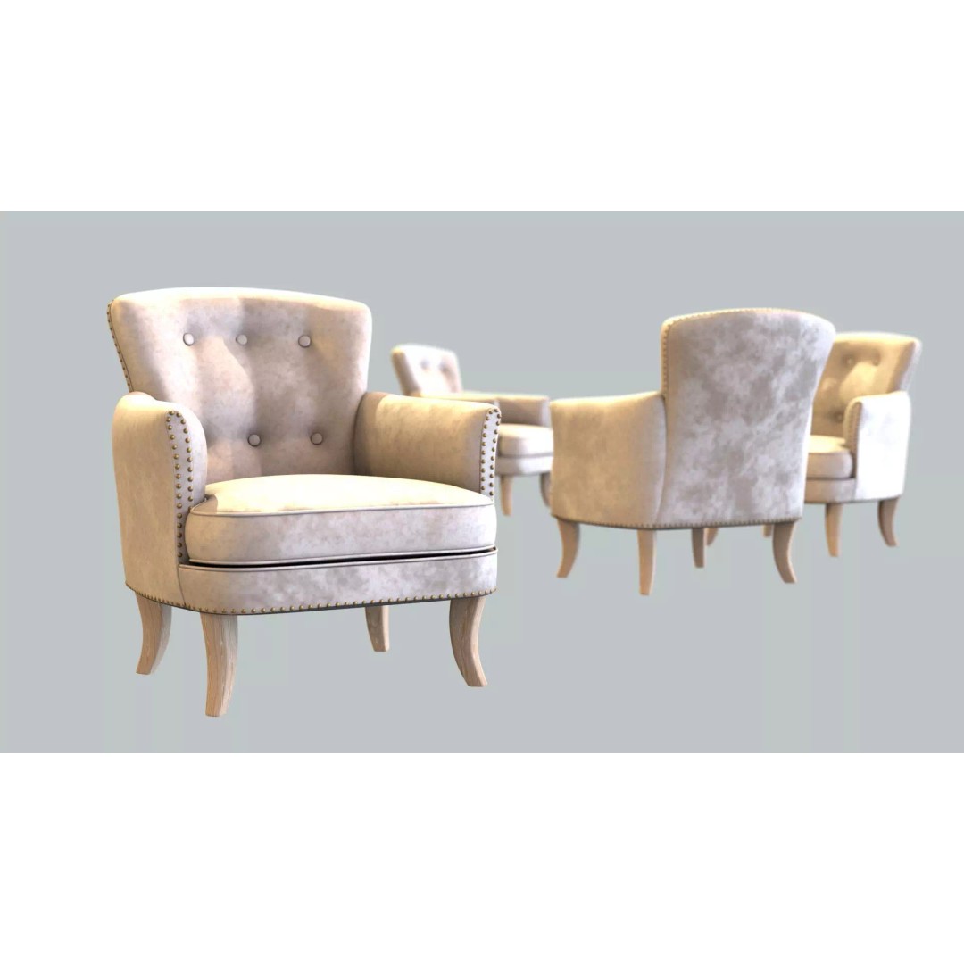 Vintage Chair 3D Model – Cream Velvet Upholstery, FBX - View 2