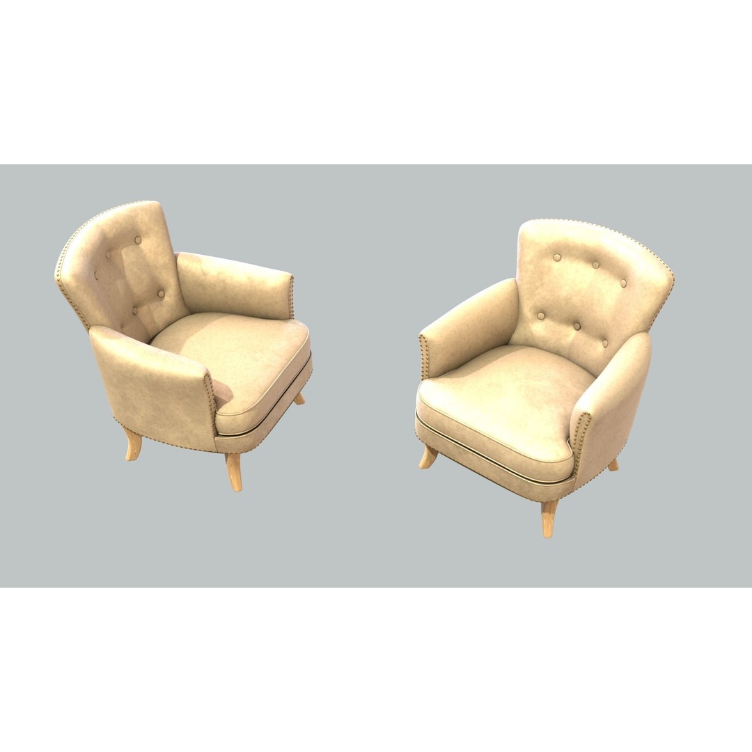 Vintage Chair 3D Model – Cream Velvet Upholstery, FBX - View 3