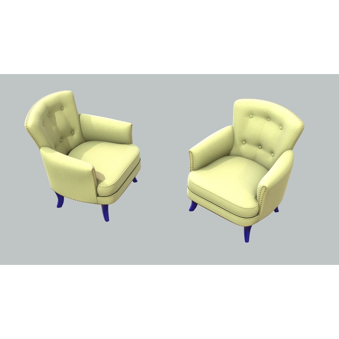 Vintage Chair 3D Model – Sage Green Cotton Upholstery, FBX - View 3