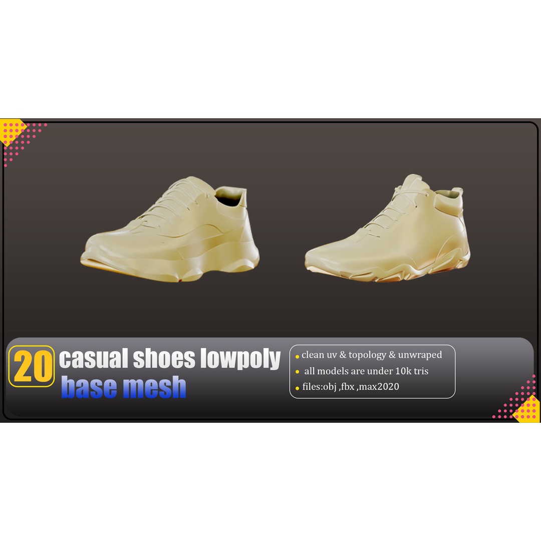 Casual Shoes 3D Model – Low Poly Basemesh Collection, FBX & OBJ