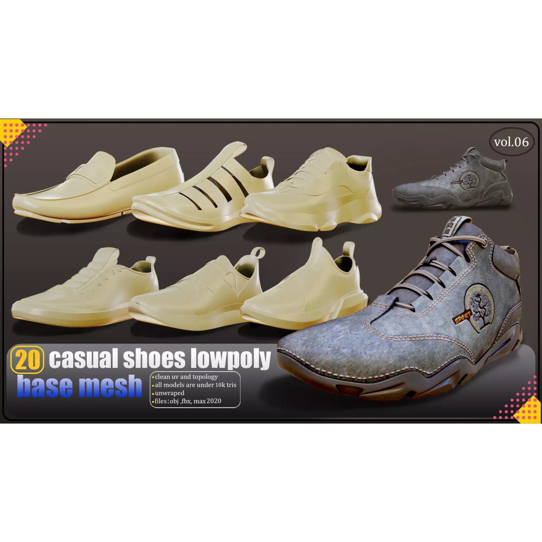 Casual Shoes 3D Model – Low Poly Basemesh Collection, FBX & OBJ - View 2