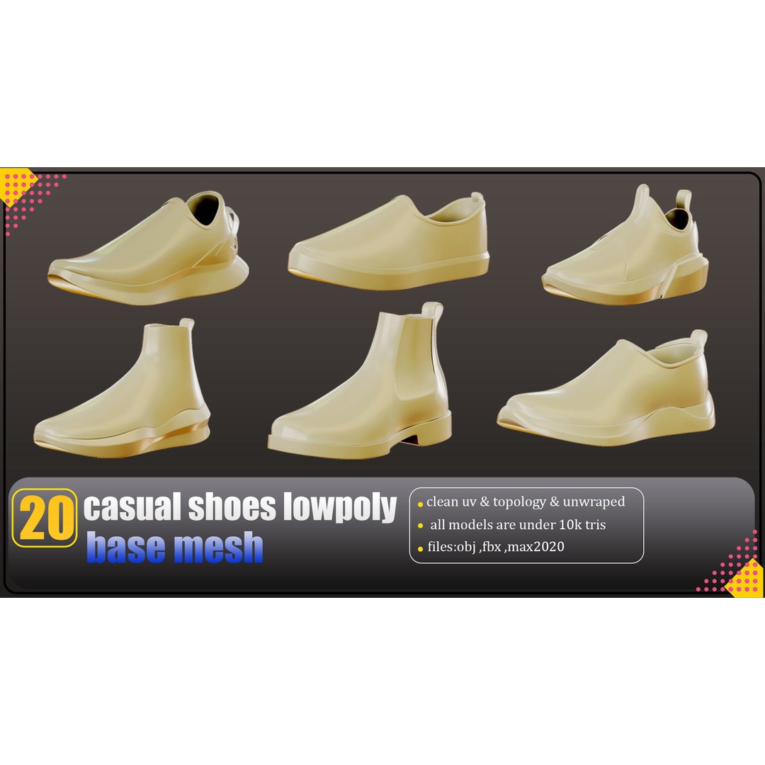 Casual Shoes 3D Model – Low Poly Basemesh Collection, FBX & OBJ - View 5