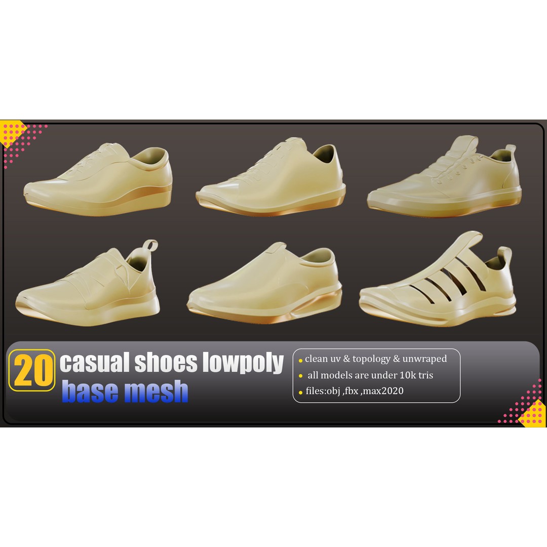 Casual Shoes 3D Model – Low Poly Basemesh Collection, FBX & OBJ - View 6