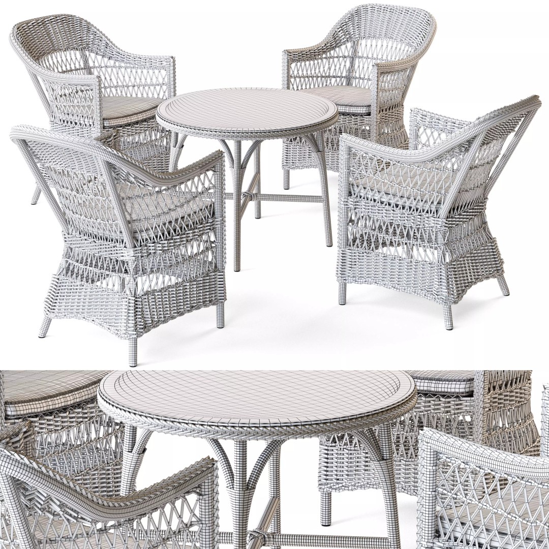 Charlot Chair 3D Model – Wicker Exterior Armchair & Victoria Table Set