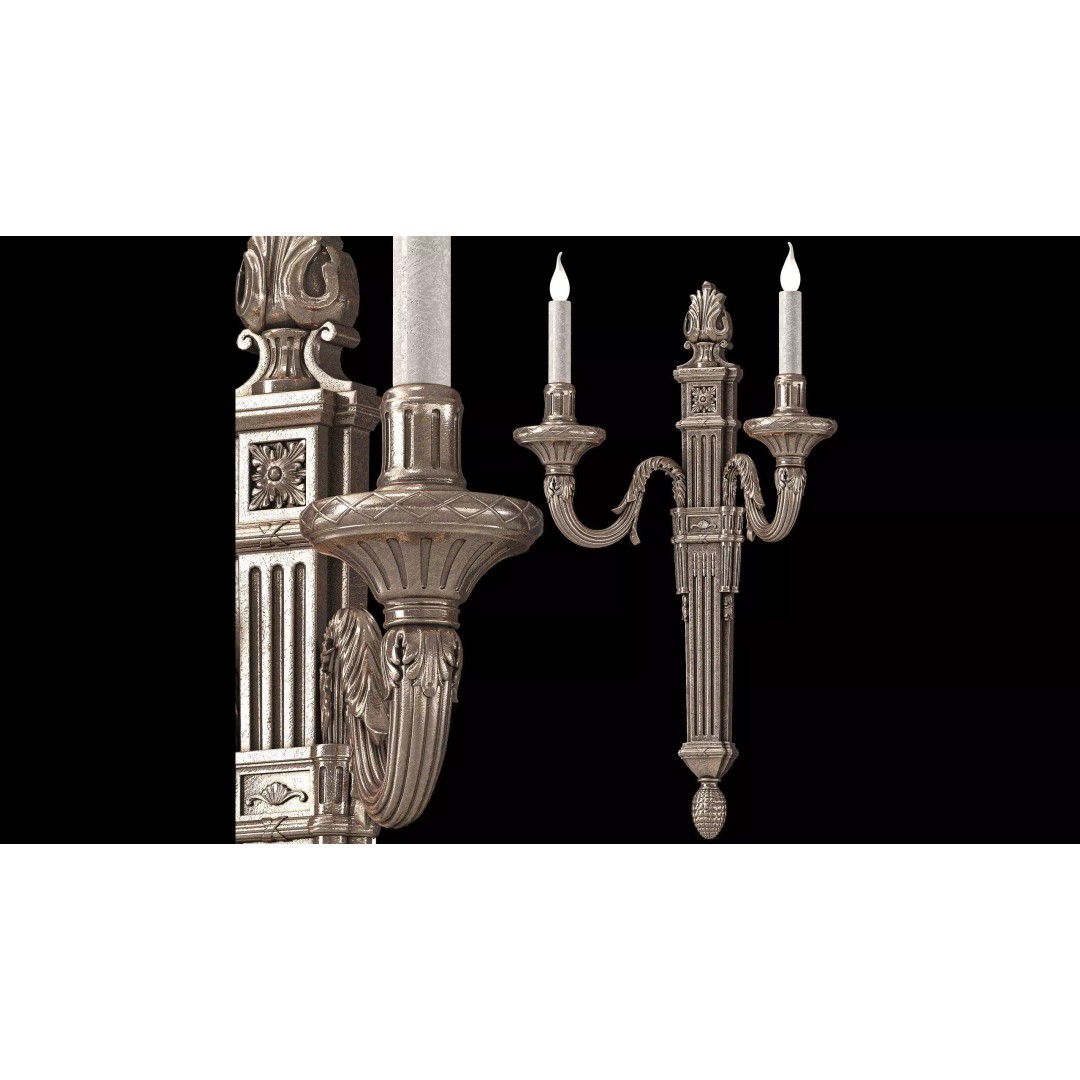 Louis XVI Wall Light 3D Model – Classic Noir & Argent Design, FBX - View 2