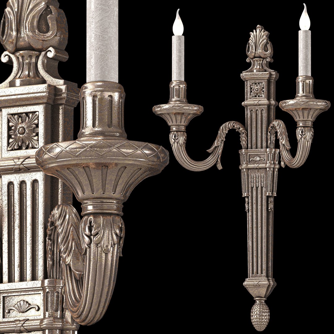 Louis XVI Wall Light 3D Model – Classic Noir & Argent Design, FBX - View 3