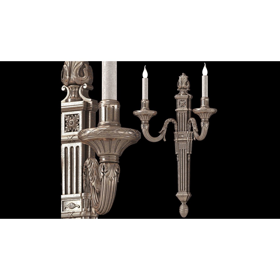 Louis XVI Wall Light 3D Model – Classic Noir & Argent Design, FBX - View 4