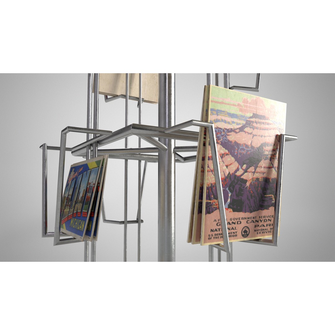 Metal Postcard Display 3D Model – Retro Low-Poly Rack, FBX/OBJ - View 10