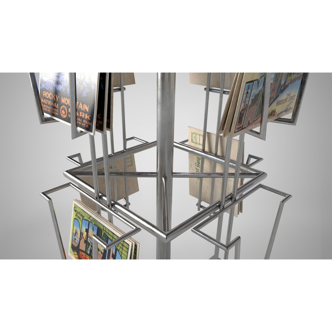 Metal Postcard Display 3D Model – Retro Low-Poly Rack, FBX/OBJ - View 12