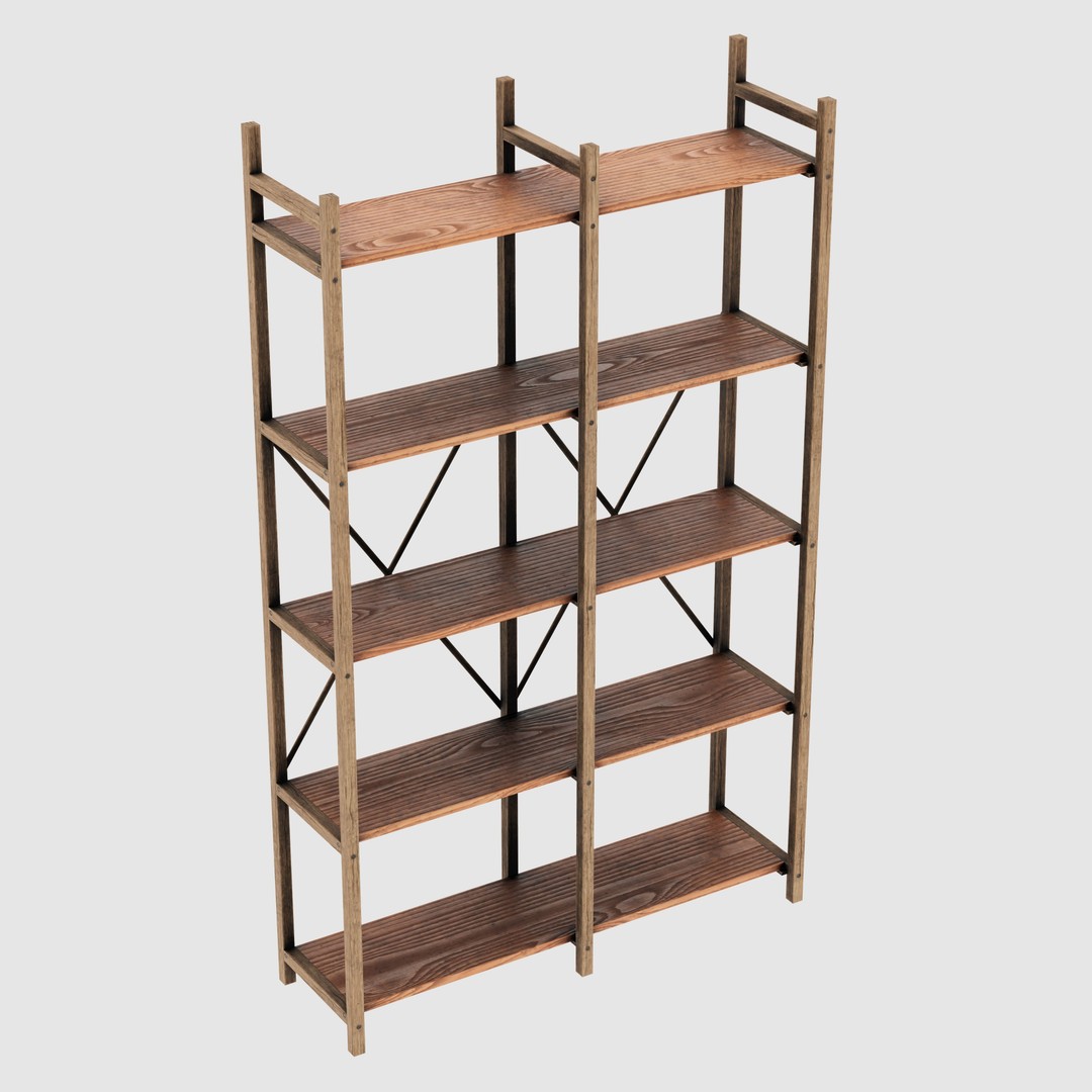 Rustic Bookcase 3D Model – Farmhouse Style, PBR Textures, FBX - View 17