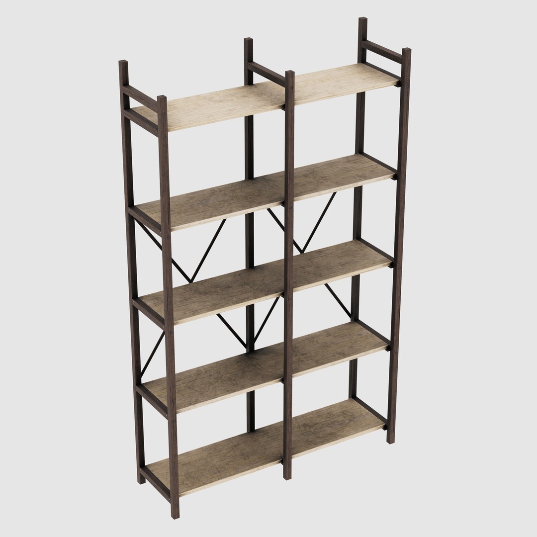 Rustic Bookcase 3D Model – Farmhouse Style, PBR Textures, FBX - View 4