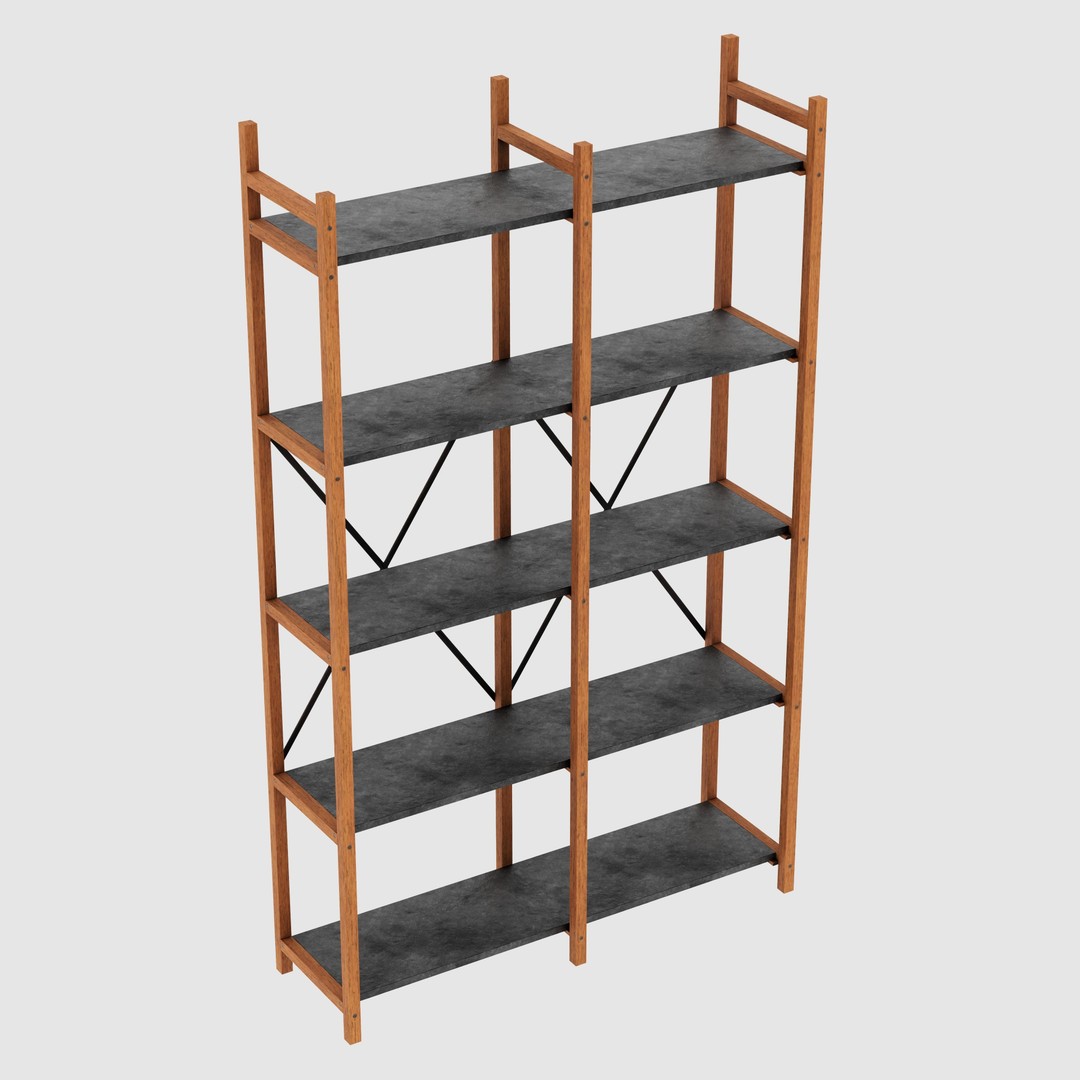 Rustic Bookcase 3D Model – Farmhouse Style, PBR Textures, FBX - View 5
