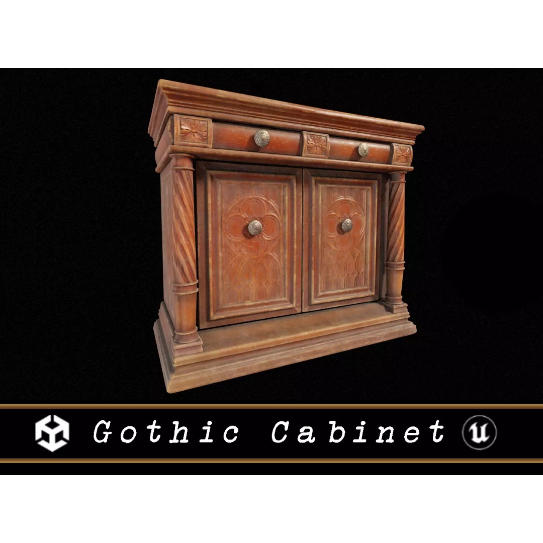 Gothic Wooden Cabinet 3D Model – Low Poly PBR Asset, FBX & OBJ - View 2