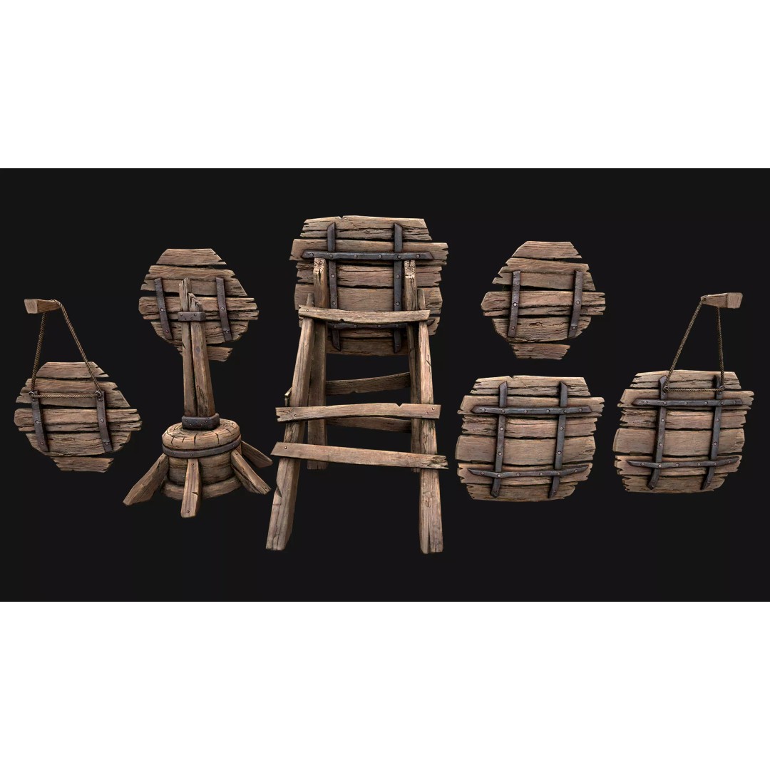 Medieval Wooden Target 3D Model – Low Poly Game-Ready Furniture Set, FBX - View 25