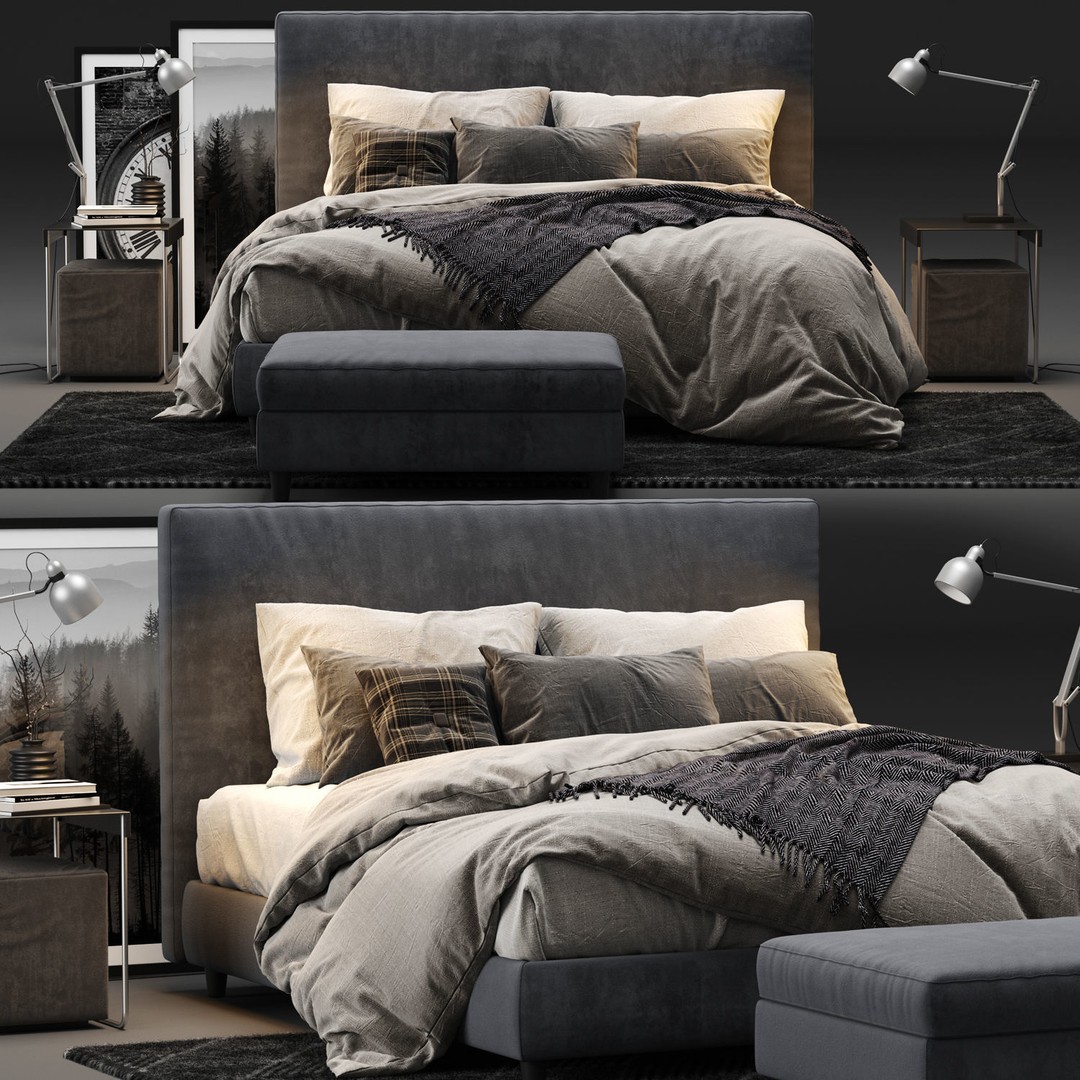 Dunvik Bed 3D Model – Scandinavian Double Bed with Bedding - View 5
