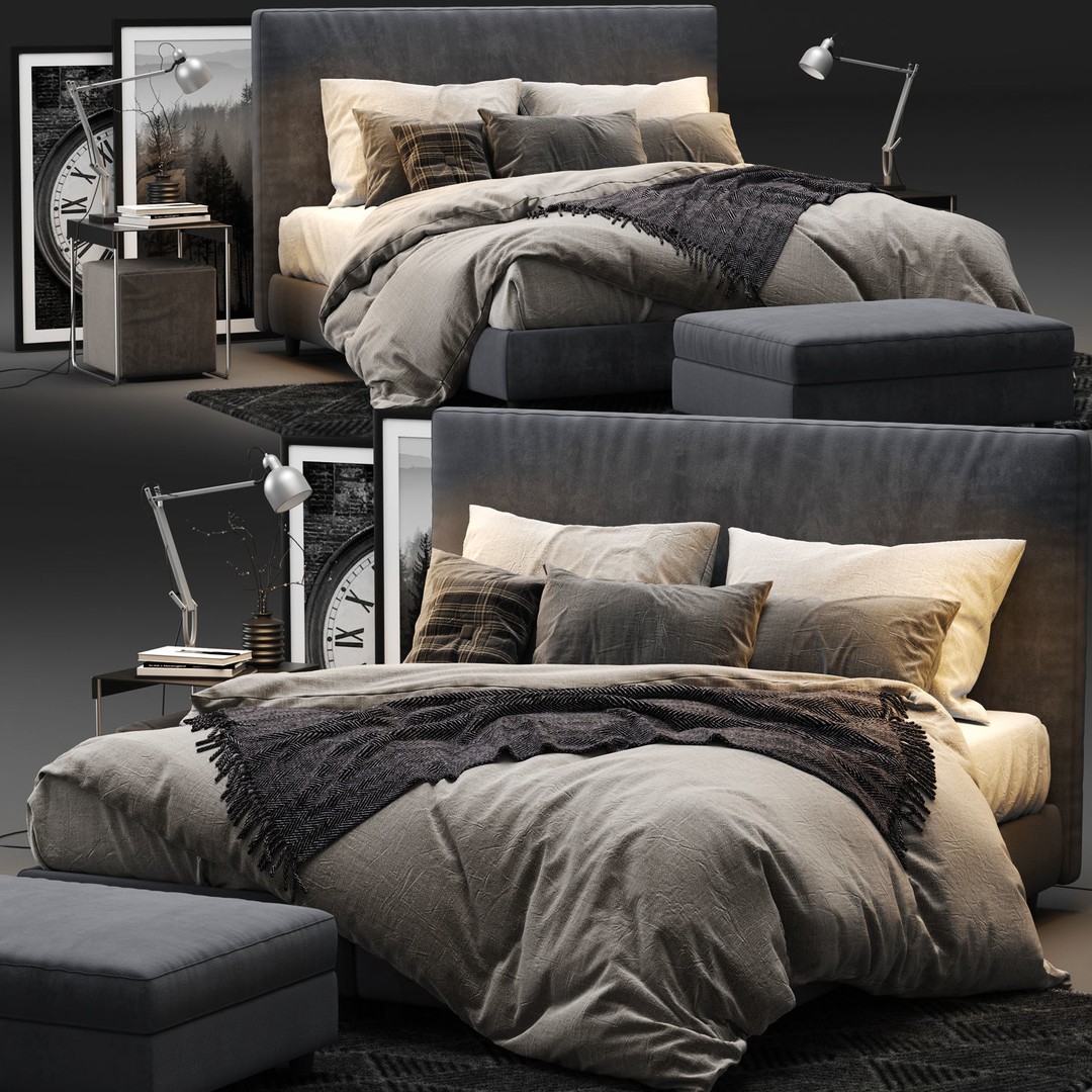 Dunvik Bed 3D Model – Scandinavian Double Bed with Bedding - View 6