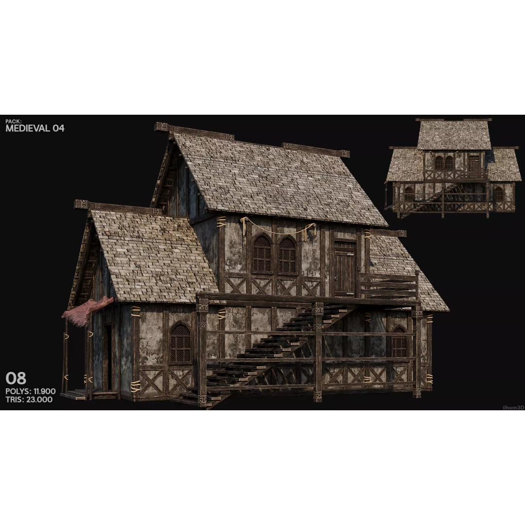 Medieval House 3D Model – Low Poly PBR Asset with Interiors, FBX - View 10