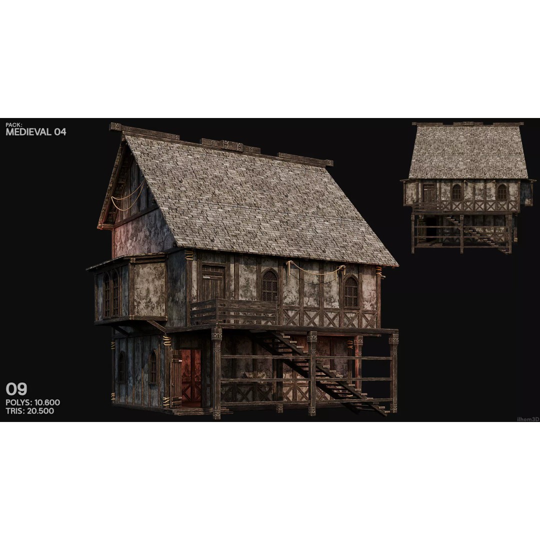 Medieval House 3D Model – Low Poly PBR Asset with Interiors, FBX - View 11