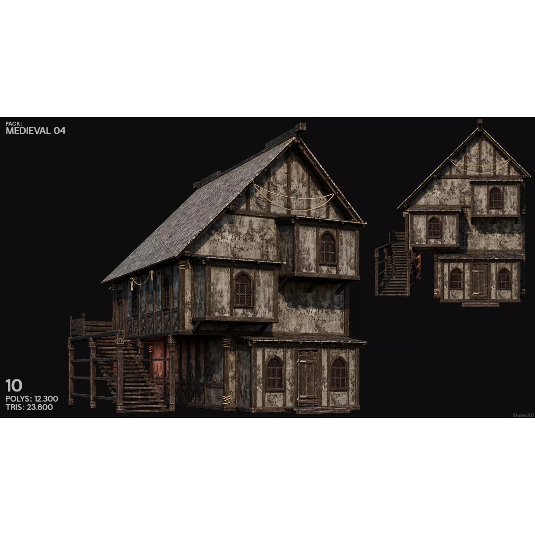 Medieval House 3D Model – Low Poly PBR Asset with Interiors, FBX - View 12