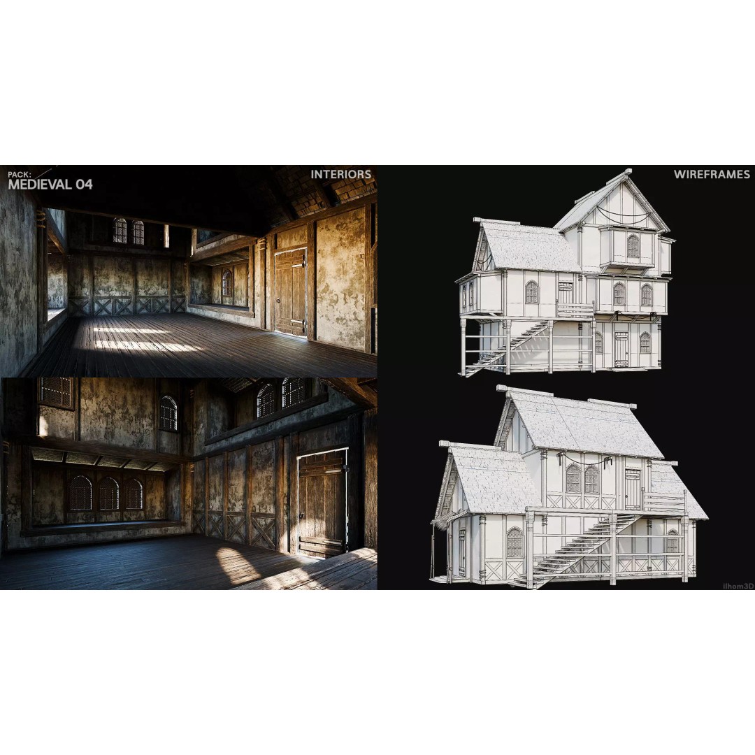 Medieval House 3D Model – Low Poly PBR Asset with Interiors, FBX - View 13
