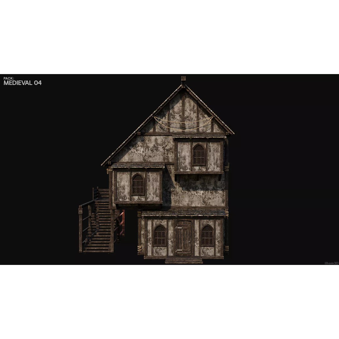 Medieval House 3D Model – Low Poly PBR Asset with Interiors, FBX - View 23