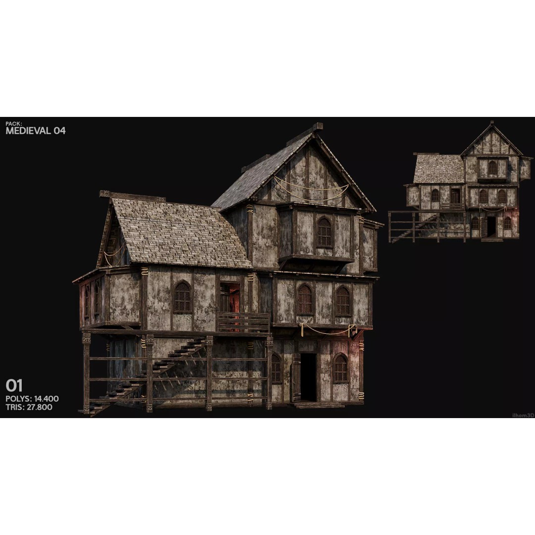 Medieval House 3D Model – Low Poly PBR Asset with Interiors, FBX - View 3