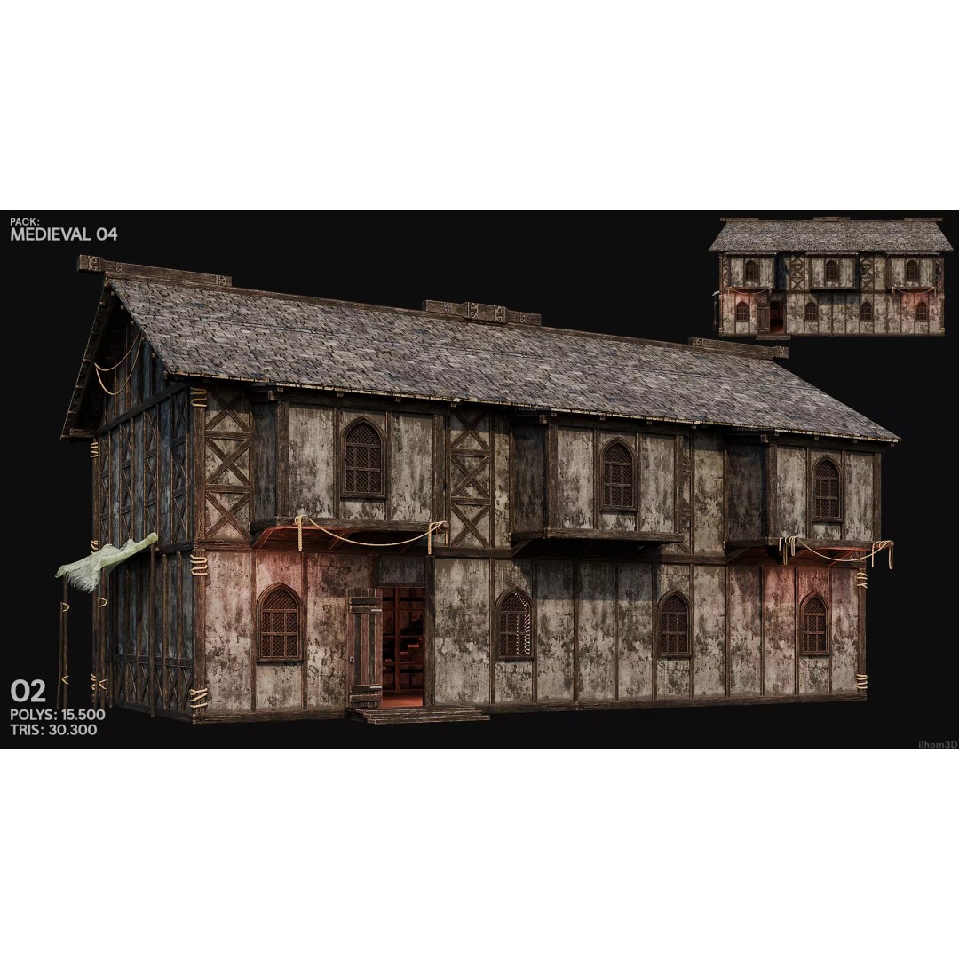 Medieval House 3D Model – Low Poly PBR Asset with Interiors, FBX - View 4