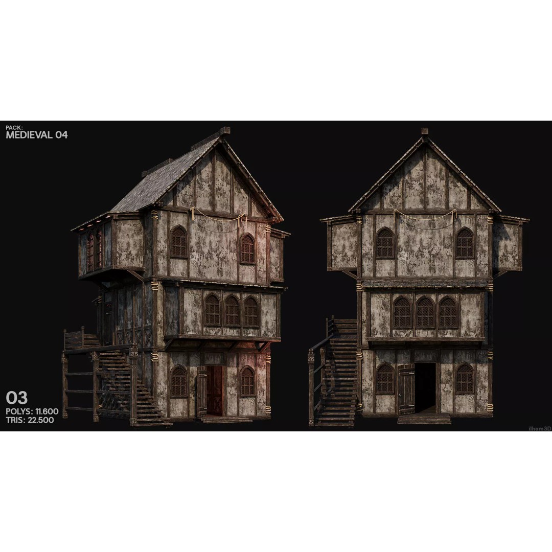 Medieval House 3D Model – Low Poly PBR Asset with Interiors, FBX - View 5