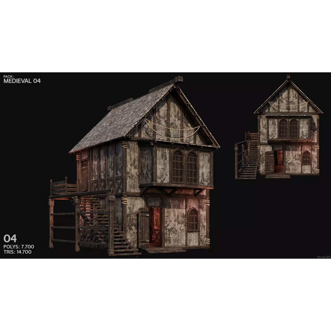 Medieval House 3D Model – Low Poly PBR Asset with Interiors, FBX - View 6