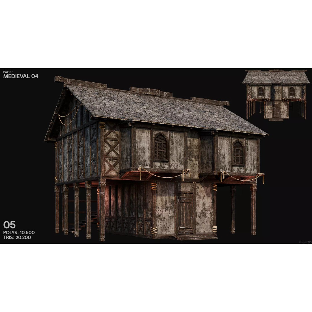 Medieval House 3D Model – Low Poly PBR Asset with Interiors, FBX - View 7