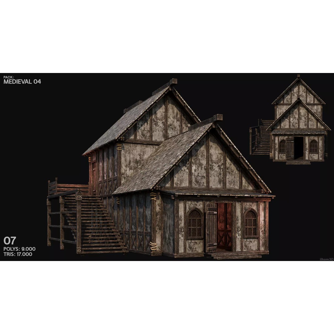 Medieval House 3D Model – Low Poly PBR Asset with Interiors, FBX - View 9