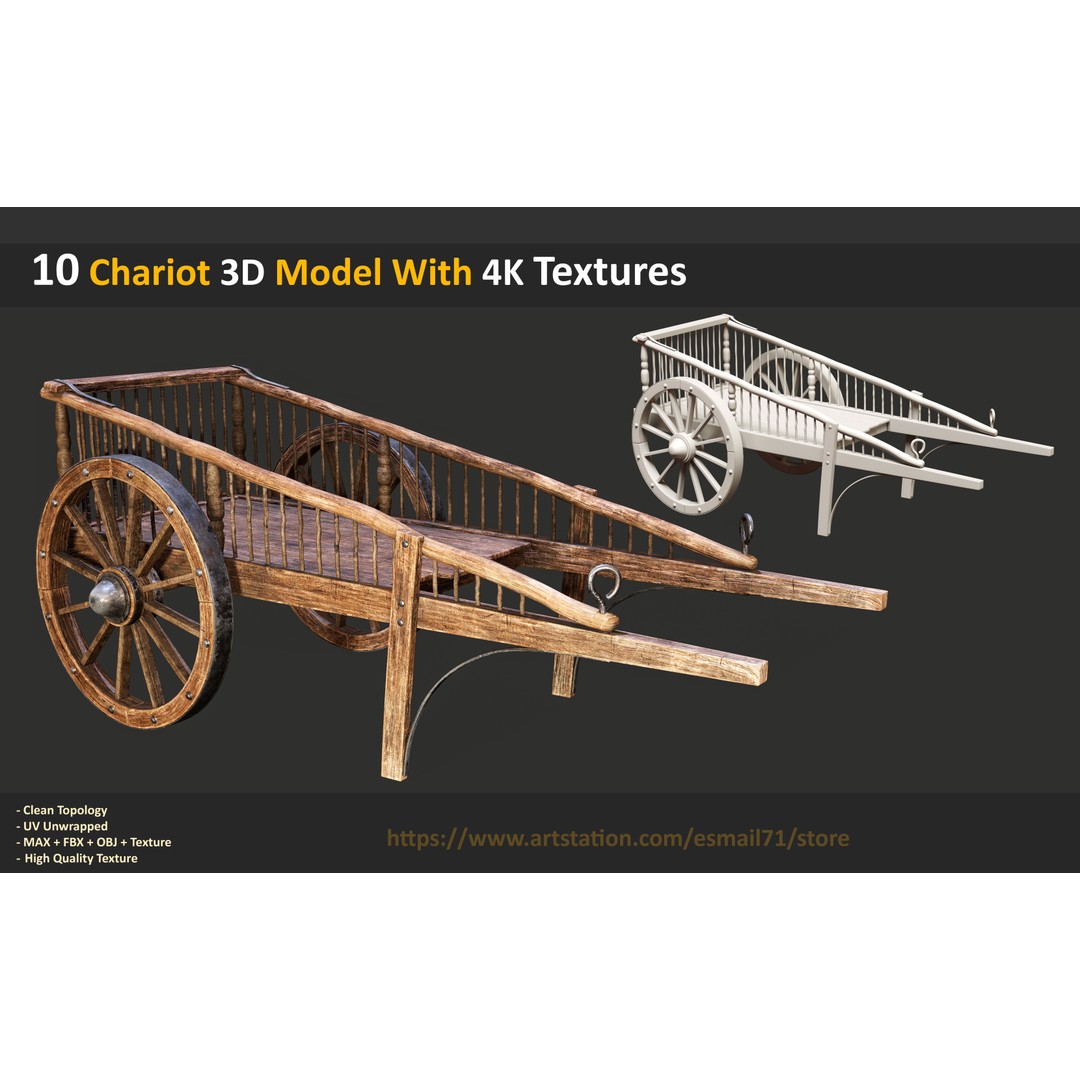 Chariot 3D Model – Low Poly Game Asset with PBR Textures, FBX - View 13