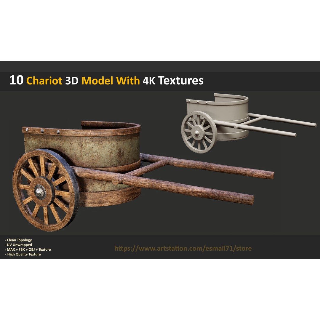 Chariot 3D Model – Low Poly Game Asset with PBR Textures, FBX - View 4