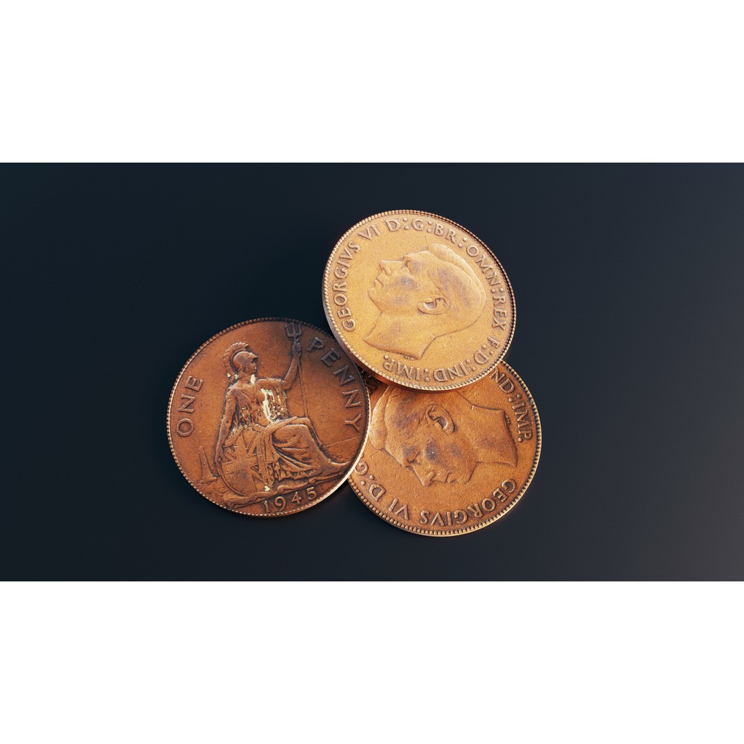 British One Penny Coin 3D Model – Low Poly Scanned Asset, FBX - View 11