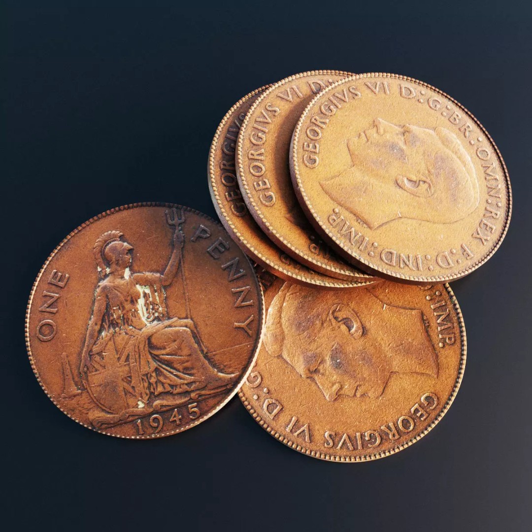 British One Penny Coin 3D Model – Low Poly Scanned Asset, FBX - View 2