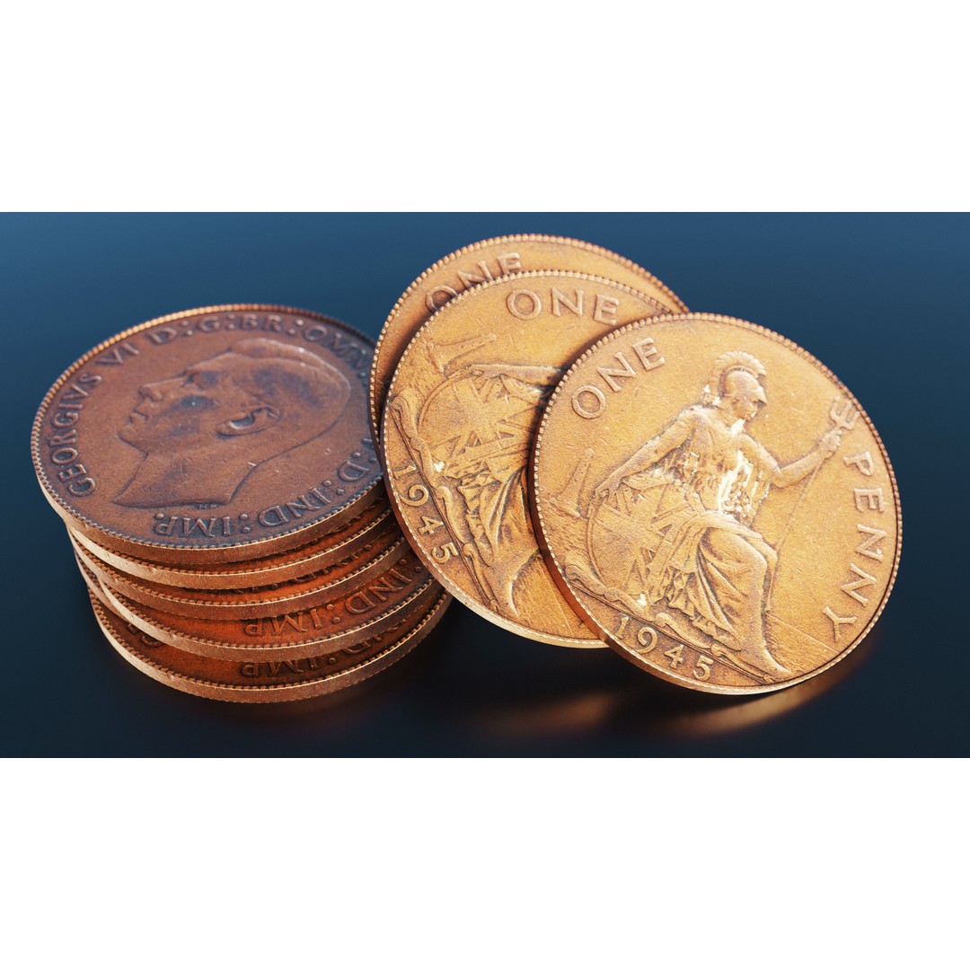 British One Penny Coin 3D Model – Low Poly Scanned Asset, FBX - View 3