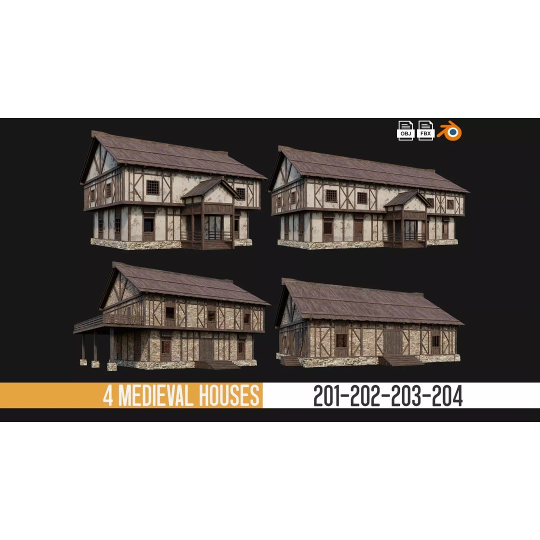 Old Medieval Houses Pack 3D Model – Low Poly Game Asset, FBX & OBJ - View 2