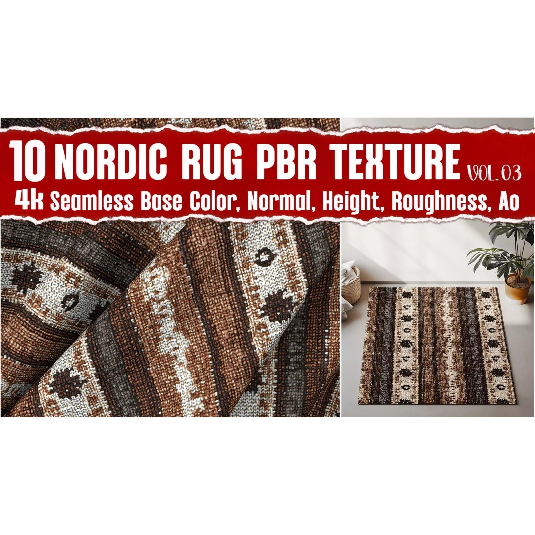 Nordic Rug 3D Model – Rustic Textile PBR Texture, 4K Seamless PNG - View 2
