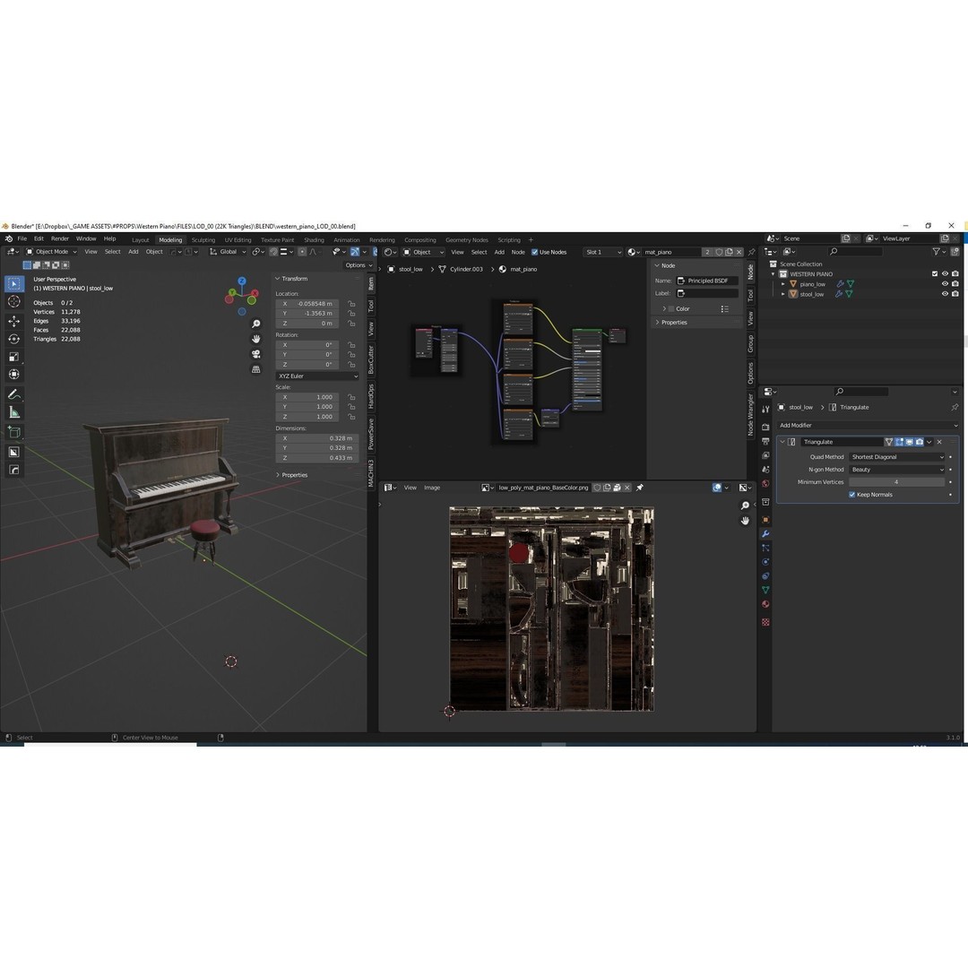 Western Piano 3D Model – Low Poly Game Ready Asset, FBX, Blender - View 4