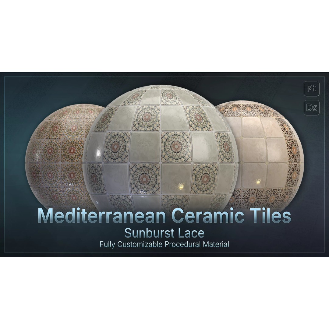 Mediterranean Ceramic Tiles 3D Model – Low Poly Procedural Material, FBX - View 2