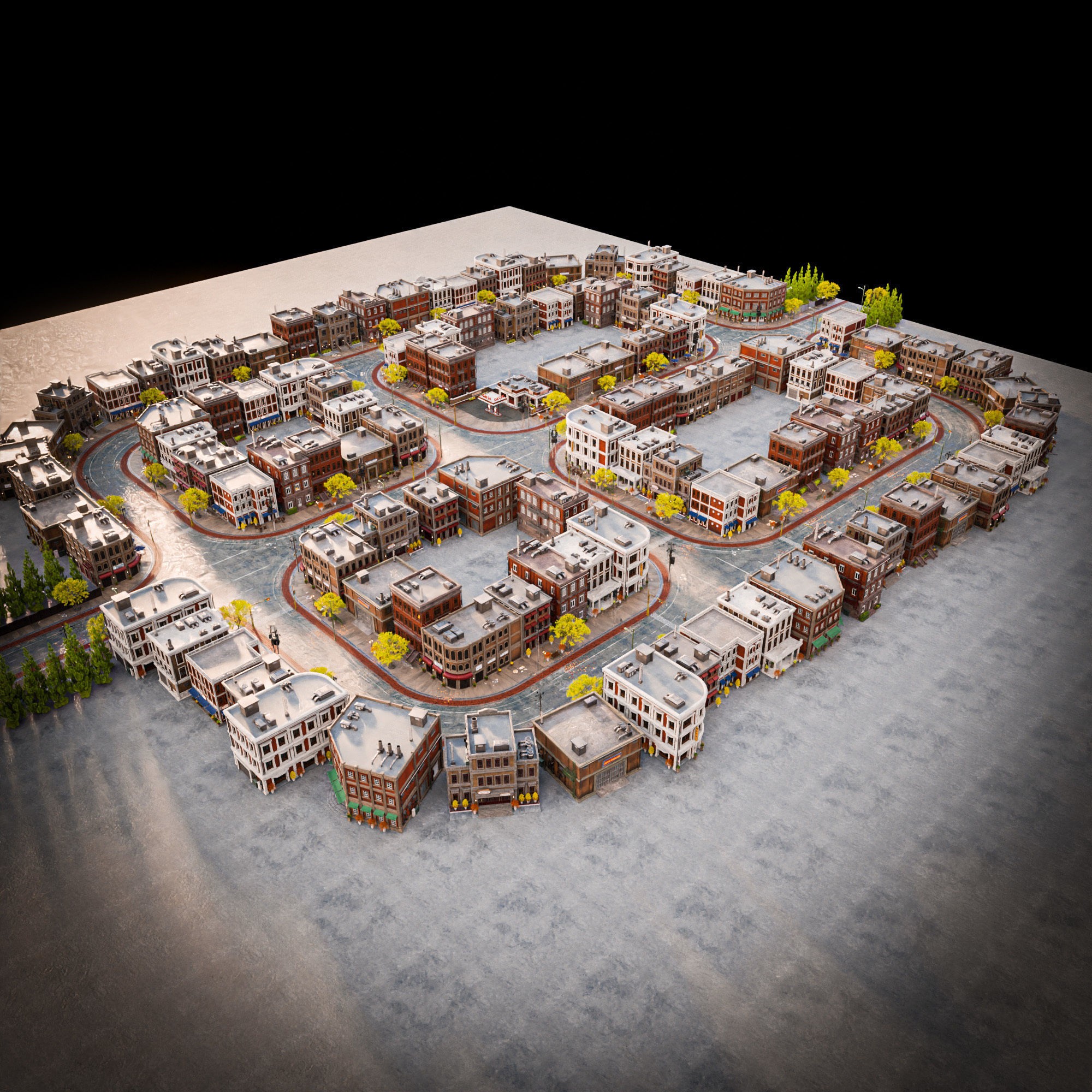 Urban City Scene - Low-Poly Game-Ready 3D Model - View 3