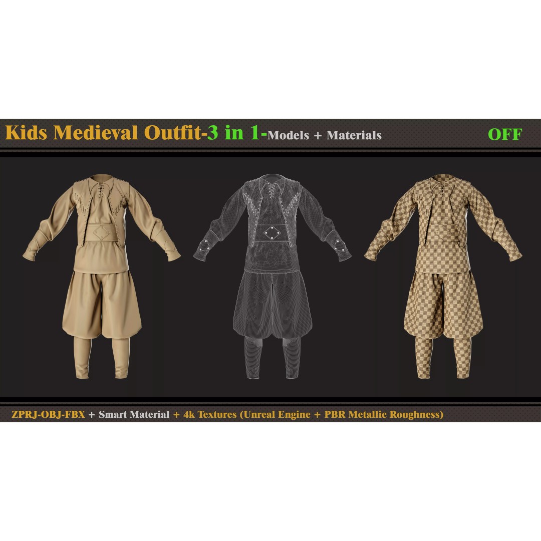 Kids Medieval Outfit 3D Model – PBR Textures, FBX, OBJ Formats