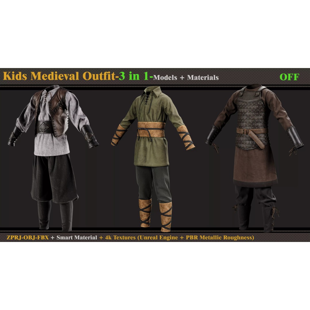 Kids Medieval Outfit 3D Model – PBR Textures, FBX, OBJ Formats - View 2