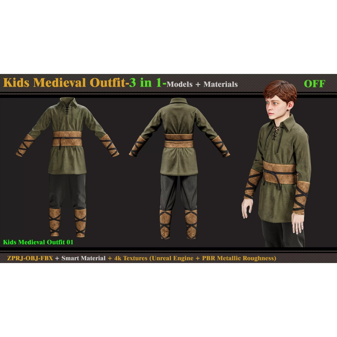 Kids Medieval Outfit 3D Model – PBR Textures, FBX, OBJ Formats - View 3